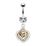 Belly ring with dangling jeweled and gold plated hearts