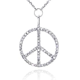 14K White Gold Peace Sign Diamond Pendant w/ Necklace by 