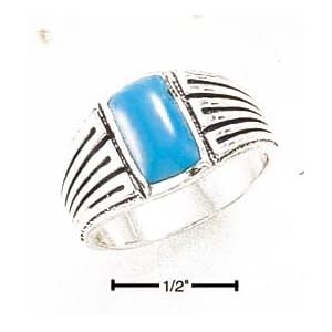 Sterling Silver Mens Turquoise Ring With striped Shank - Size 9.0