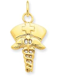 Nurses Cap and Caduceus Charm Pendant in 14 Karat Yellow Gold