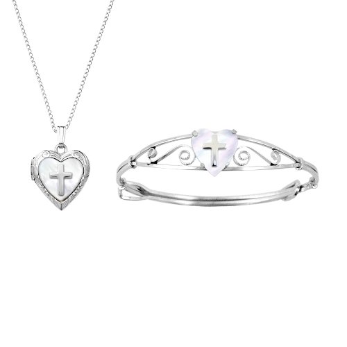 Sterling Silver Children\'s Adjustable Bracelet and Locket Pendant Set with Mother-of-Pearl and Cross Pendant, 15\