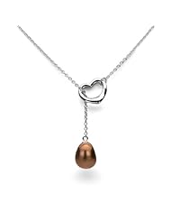 Heart Shape "Love" Lariat Necklace Sterling Silver 10.5-11mm Chocolate Freshwater Pearl High Luster, 21" Length.