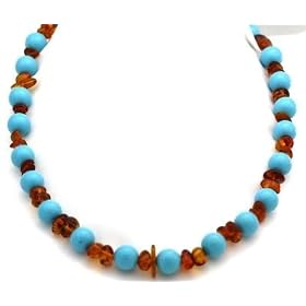 Turquoise Necklace Turquoise with Amber Beads Beaded Necklace 17" Long