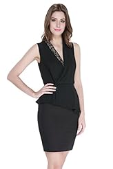 Sexy V-neck Polyester  Draped Asymmetric Peplum Short Sleeveless Mini Dress  With Rhinestones