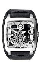 GUESS G10202G Skeleton Gears Stainless Steel Case Black Leather Watches