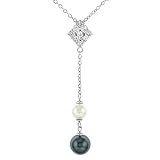 Faux Pearl CZ Diamond Platinum Pendant Necklace