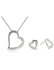 Sterling Silver 1/5cttw Diamond Heart Pendant Necklace and Earrings Jewelry Set