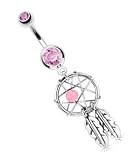 Body Accentz® Belly Button 316L Surgical Steel Dream Catcher Woven Star Design with Bead and Feathers Fancy Navel Ring Dangle Body Jewelry 14g 3/8