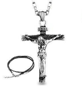 Stainless Steel Jesus Christ Crucifix Cross Mens Pendant Necklace 20'' Chain+Black Cord+Bracelet Gift+Gift Box