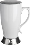 Trudeau Starmate 16-Ounce Latte Mug with Lid, White Stoneware with Stainless Steel Accents