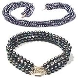 14k, Black Pearl Twisted Necklace with Triple Bracelet Set