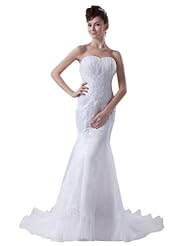 Strapless Mermaid Sweetheart Beaded  Applique Ruched Spring Fall Organza/Satin Wedding Dress  with a Court Train  With Ruffles