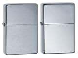 Zippo Lighter Set - 1937 Vintage Replica High Polish Chrome W/o Slashes and Brushed Chrome Pack of 2