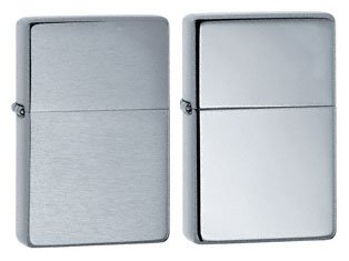 Zippo Lighter Set - 1937 Vintage Replica High Polish Chrome W/o Slashes and Brushed Chrome Pack of 2