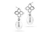 14 Karat White Gold Polished Finish Fresh Water Pearl Earrings, Enhanced With Bezel Diamonds. ( 0.05 c.t.t.w, GH, SI )