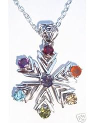925 St Sterling Silver Gemstone Chakra Healing Balance Cleansing Inner Peace Winter Snow Fall Snowflake Yoga With Purple Amethyst Orange Citrine Blue Carnelian Green Peridot Jade Green Aventurine Red Garnet Yellow Topaz Stones Pendant Jewelry 1 1/4x1 1/4 Inches