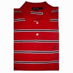 Men's Nautica Polo Shirt Short Sleeved Size Large Red, Navy & White Striped
