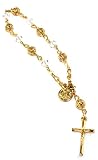 Gorgeous 24k Gold Layered Genuine Clear Ice Crystal Filigree Beaded Rosary Bracelet with Crucifix