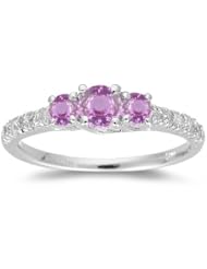 0.20 Cts Diamond & 0.61 Cts Pink Sapphire Three Stone Ring in 18K White Gold