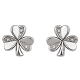 14k White Gold Shamrock Stud Earrings with Diamonds - Made in Ireland