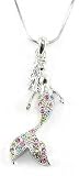 Beautiful Multi-Colored Crystal Mermaid Side Profile Charm Necklace Silver Tone