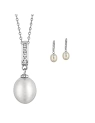 .925 Sterling Silver Fresh Water Pearl CZ Teardrop Necklace & Earrings Set