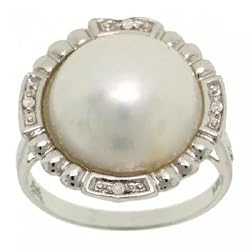 Genuine Cultured Mabe Pearl & Diamond Ring in 14K White Gold