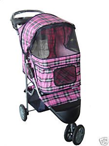 Classic Pink Plaid 3 Wheel Pet Stroller