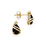 14K Yellow Gold 0.02 ct. Diamond and Teardrop Shaped Black Onyx Fashion Earrings