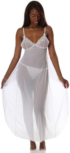 Mesh Open Back Gown w/ Lace Cups, Ruffles & G-String 1x White