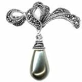Sterling Silver Simulated Gray Pearl and Genuine Marcasite Pin