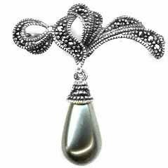 Sterling Silver Simulated Gray Pearl and Genuine Marcasite Pin