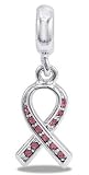 DaVinci Pink CZ Pink Ribbon Dangle European/Memory Charm Double Sterling Layered Bead - Fits Pandora Bracelets
