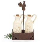 Country Rooster Oil And Vinegar Cruets With Wood Holder Embossed Rooster Design For Country Kitchen Decor