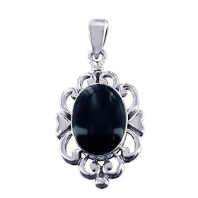 Oval Black Onyx Filigree Sterling Silver Pendant Charm by 
