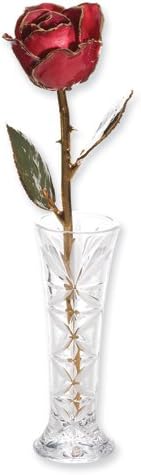 Roses and Leaves Lacquer Dipped 24k Gold Trim Red Rose & Small Bud Vase Set