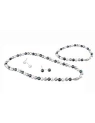 14K White Gold 7mm Multi Colored Black, Grey, and White Freshwater Cultured Pearl Necklace, Bracelet and Two Earring Set