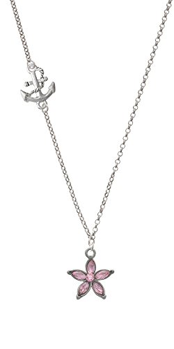 Flower with Pink Petals and Pink Crystal Delicate Anchor Necklace