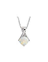 14K White Gold 0.02 ct. Diamond and 1 1/3 ct. Cushion Cut Opal Cabochon Pendant with Chain