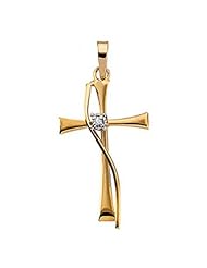 14k Yellow Gold Religious Flourish Latin Cross Diamond Pendant W/ Diamond Accent