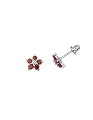 .925 Sterling Silver Rhodium Plated Flower January Birthstone CZ Children Stud Earrings with Screw-back (Garnet, Deep Red)
