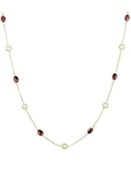 Sterling Silver Chain, Freshwater Pearl and 6 Station Garnet Cabochon Necklace