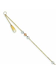 14K Gold Tri-color Diamond Cut Bead w/ 1in ext. Anklet 9 Inches