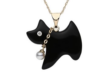 Onyx, Diamond and Cultured Pearl 14K Gold Dog Pendant w/Chain
