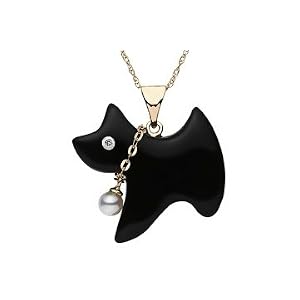 Onyx, Diamond and Cultured Pearl 14K Gold Dog Pendant w/Chain