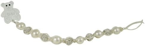 Shamballa Inspired White Crystal Balls and White Pearls Teddy Bear Neutral Baby Girl Boy Pacifier Clip Holder