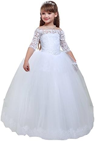 EnjoyBuys Off The Shoulder Sleeves Flower Girl Dresses Girls Holy Communion Dresses (Child 11, White)