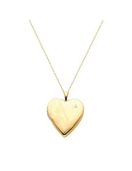 14K Yellow Gold Foot Engraved Diamond-Accent Heart Locket Pendant (0.8" Inches or 20mm, 1/10 ctw., HI, I1-I2) with 1.2mm Rolo Cable Chain - 18" Inches