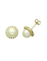 14K Yellow Gold Stud Earring 8mm Round Pearl Halo Setting Earring
