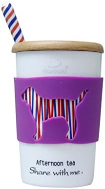 Pretty Housekeeper Cool Animal Pattern Big Coffee Cup Ceramic Milk Mug With Steel Spoon and Bamboo Lid,13 Oz,Purple